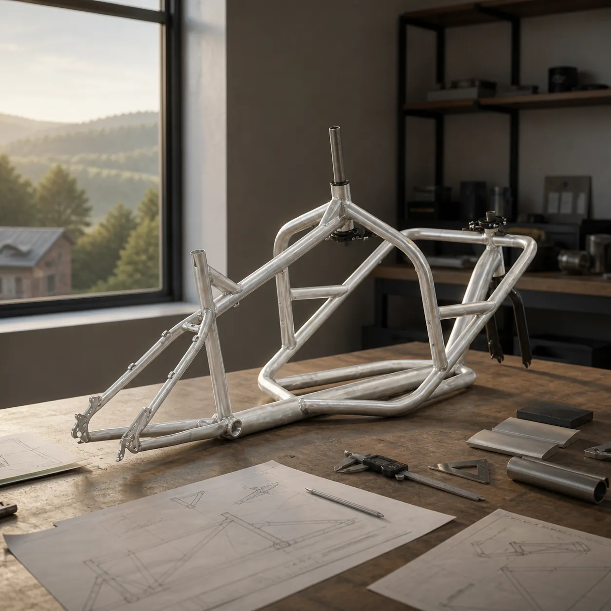 Lastenrad-Rahmen auf dem Werktisch in der Velo Lab Werkstatt (Bild KI-modifiziert)